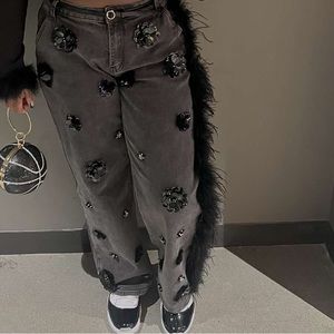 Shop AKIRA “VELVET ROSES APPLIQUE FEATHERED JEANS IN GRAY” Only Wore ONCE!